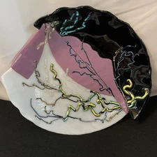 Artist Crafted Fused Glass Bowl Plate Black White Multi Colors Abstract 10”
