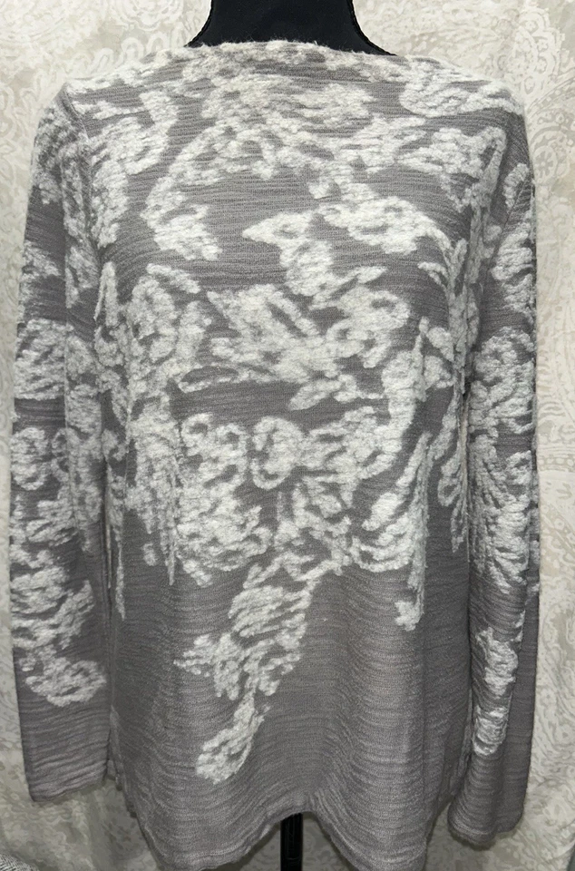 Suéter Pullover Jill Gris Blanco Tejido Floral Manga Larga Para Mujer M Foto 2 de 4