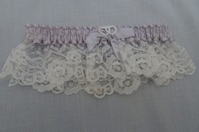Vintage 1970s Bridal Wedding Leg Garter White Lace Blue Ribbon 2 Pearl Hearts