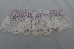 Vintage 1970s Bridal Wedding Leg Garter White Lace Blue Ribbon 2 Pearl Hearts