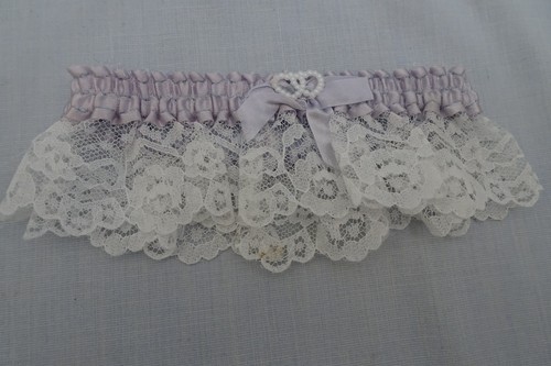 Vintage 1970s Bridal Wedding Leg Garter White Lace Blue Ribbon 2 Pearl Hearts