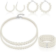 Pearl Rhinestone Jewelry Set for Women Pearl Necklace Bracelet Earrings