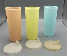 Vtg Tupperware 6 Pc Drinking Glasses Tumblers Tall 107 USA Sippy Cup Lids 1552