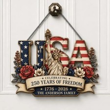 USA 250th Anniversary Wooden Sign, Patriotic Floral Wall Sign Gift