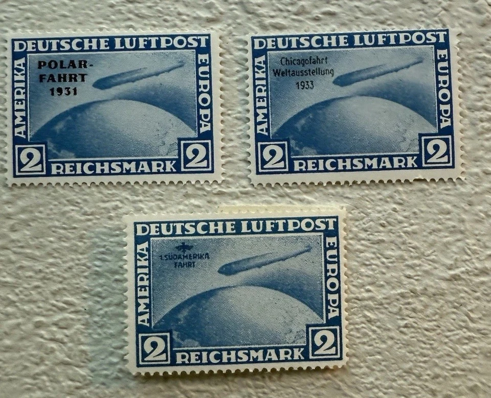 Zeppelin Airmail Stamps Set of 8 Deutsche Luftpost Reprints Immaculate Unused - Image 3 of 4
