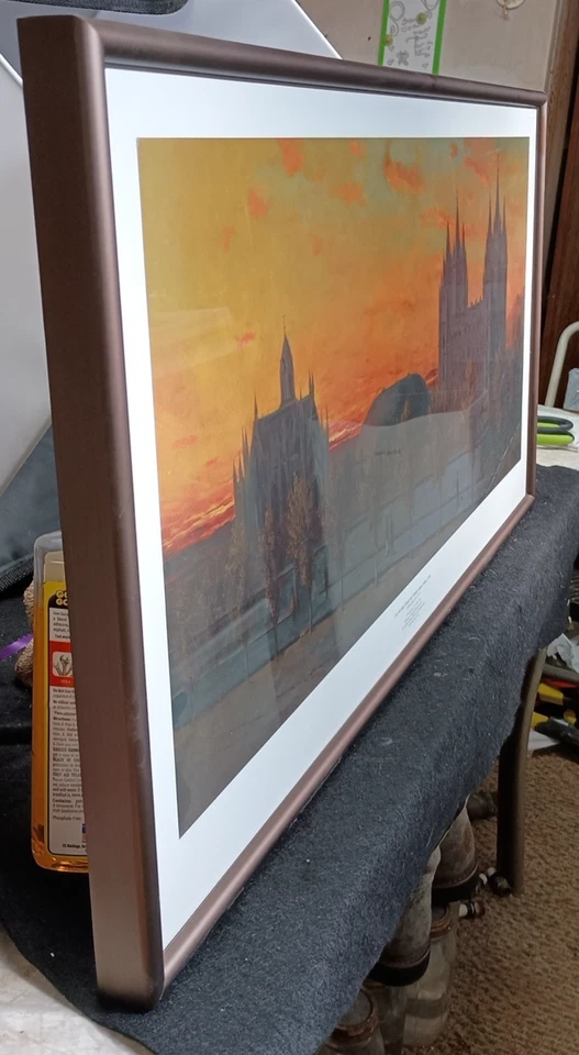 Mormon Salt Lake City Temple Square Sunset 1892 Aluminum Framed Glass 30" x 16" - Image 3 of 4