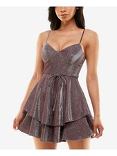 B DARLIN Womens Mini Dress Burgundy Tie-belt Tiered-hem Juniors 56