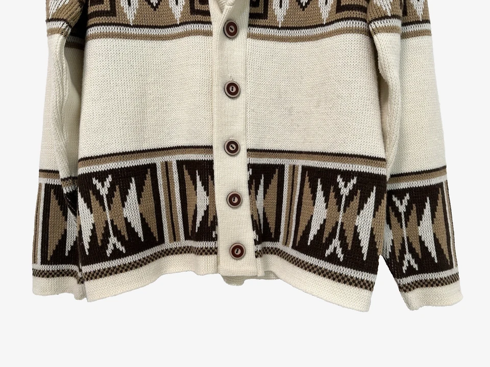 Suéter Cárdigan Cuello Chal Jacquard Geométrico Marrón Tostado Crema Años 60 70 De Colección S/M Foto 3 de 4