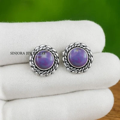 Purple Copper Turquoise Gemstone 925 Sterling Silver Handmade Stud Earrings - Image 1 of 4