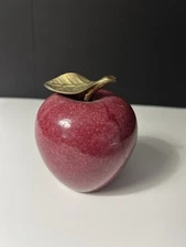 Vintage Bombay Company Red Marble Stone Apple Paperweight Brass Stem Leaf Taiwan