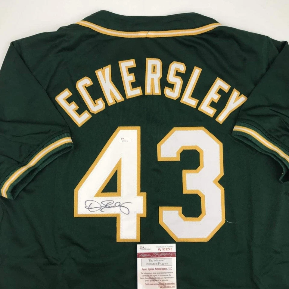 Camiseta de beisebol verde Oakland autografada/assinada DENNIS ECKERSLEY JSA CERTIFICADO DE AUTENTICIDADE autografada - Imagem 2 de 4