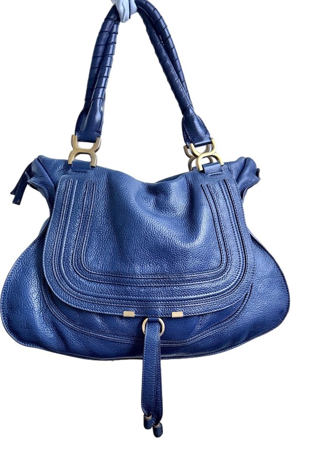 Chloé LARGE Marcie Royal Blue Double-Strap Calfskin Antique Gold Hardware Bag+