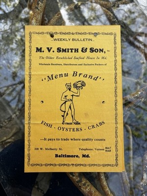 M. V. Smith & Son Menu Brand Oysters Packing Co Baltimore MD Trademark Bulletin
