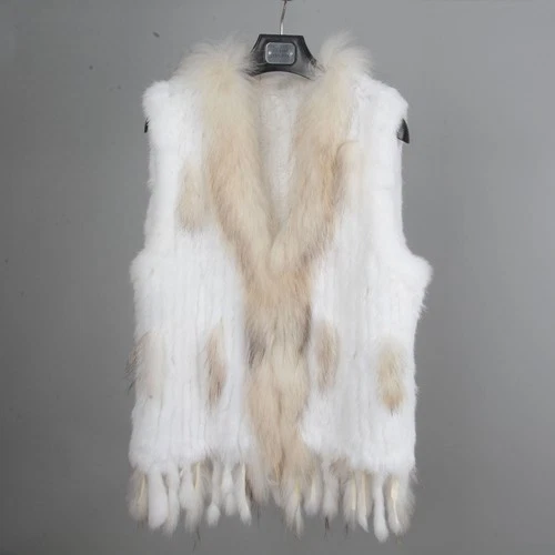 Fashion Lady Real Rabbit Classic Knitted Fur Vest Raccoon Collar Gilet Womens - Picture 21 of 39