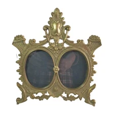 Vintage Brass Victorian Baroque Double Frame Easel Picture Frame, Oval Openings