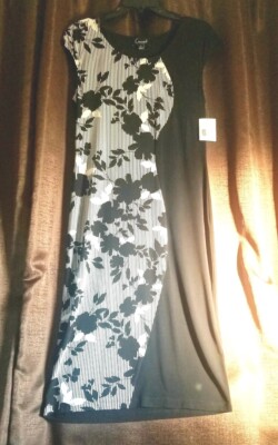 Connected Apparel Women's Floral Striped Fitted Dress, Black & White, Size 6