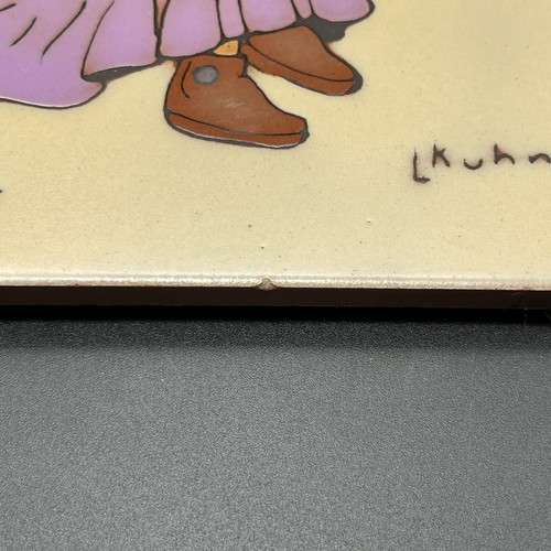 Vtg Earthtones Leone Kuhme Southwestern Tile Trivet Wall Décor Girl & Lamb 6x6 - Picture 5 of 10