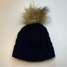 Starting Out Children  s Beanie, Navy Blue Cable Knit w/ Brown Faux Fur Pom, NWT 