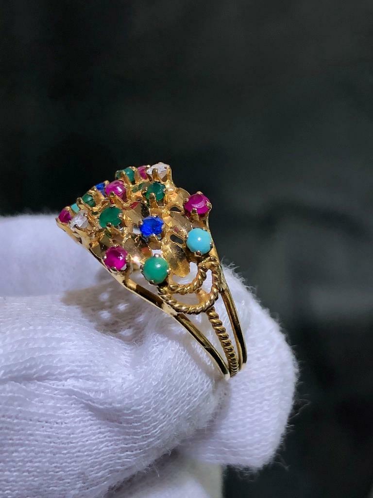 14k Solid Yellow Gold Ruby & Multi Gemstone Hand … - image 2