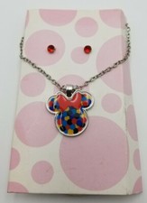 Minnie Mouse Red Jewel Earrings Necklace Set w Disney Cuties Heart Earrings