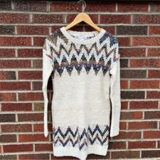 Shrinking Violet Cream and Multicolored Knitted Long Sleeve Sweater Tunic Dress
