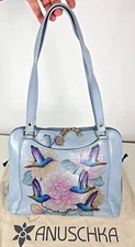 Anuschka Hand Painted Leather Zip Around Shoulder Bag Rainbow Birds Hummingbird