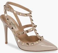 Valentino Garavani Rockstud Caged T Strap Pumps Nude Poudre Patent Leather 36