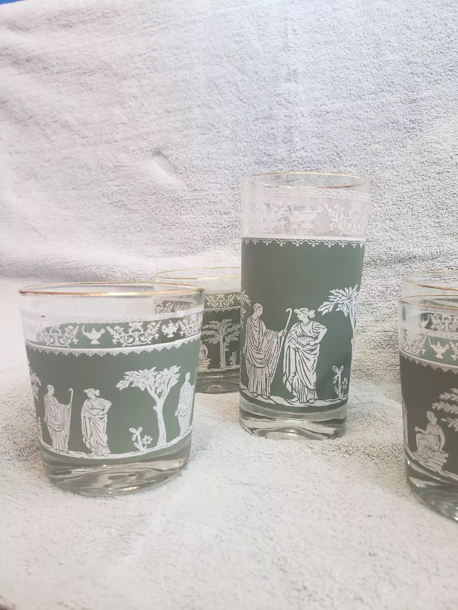 Jeanette Glass Grecian Hellenic 22k Green Wedgwood 6 Rocks Glasses & 1  Highball