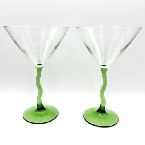 2 Libbey Courbe Zig Zag Stem Martini Blown Glass Green Discontinued Wavy Barware - Picture 1 of 13