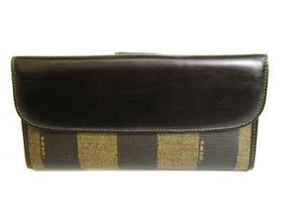 小物 FENDI Pecan Bifold Long Wallet Auth FENDI Khaki Pecan PVC Canvas Black Leather Bifold Long Wallet