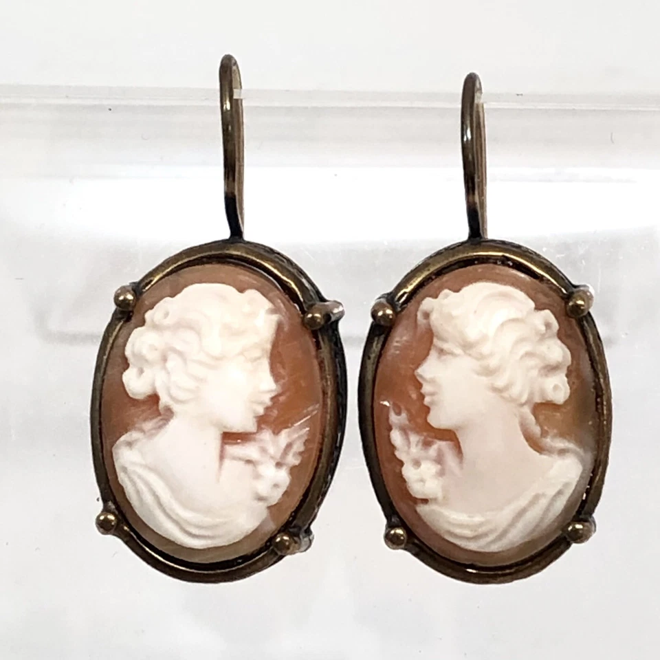 Extasia Earrings Italian Hand Carved Shell Cameos In Brass Lady Faces Facing - Image 2 of 4