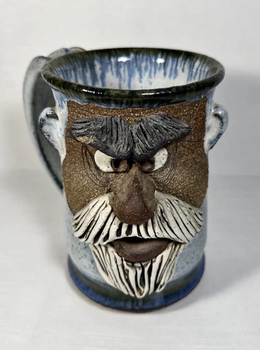 Vintage Funny 3D Ugly Face Mustache Man Art Pottery Mug by Mahon Made Stoneware