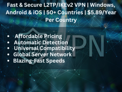 Fst & Sec L2TP/IKEv2 VPN | Windows, Android & iOS | 50+ Countries | $5.89 1 Year