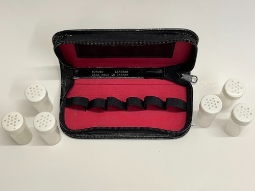 Vintage Leather Travel Medicine Apothecary Case 6-Bottle w/Plastic Shakers Black - Picture 12 of 17