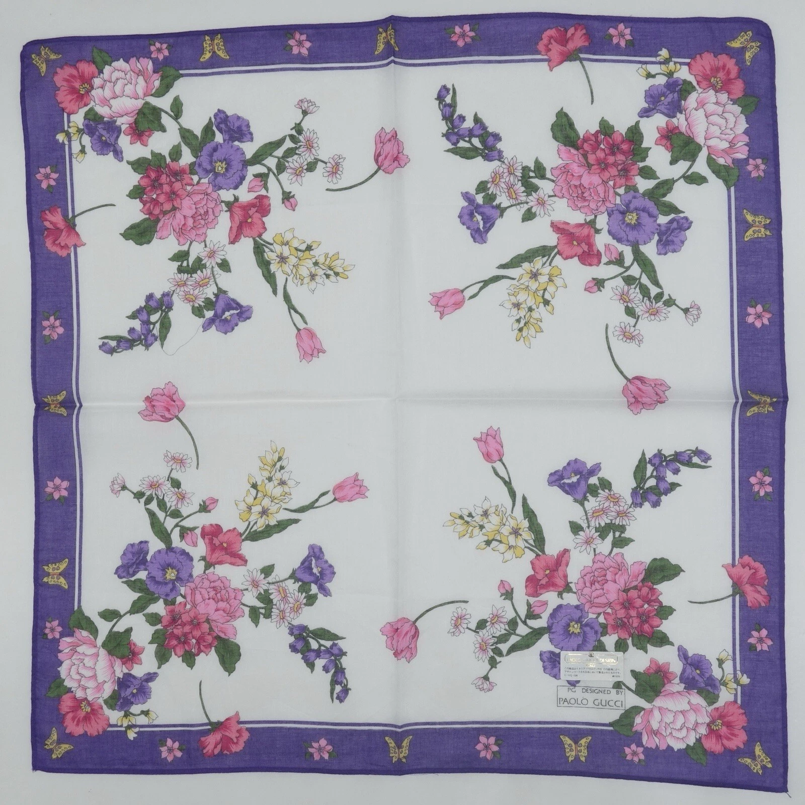 Paolo Gucci foulard coton blanc violet fleur fleur logo mouchoir 16,5
