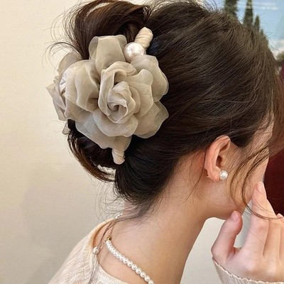 Elegant Delicate Large Fabric Mesh Rose Flower Pearl Hair Clip Hair Accessories