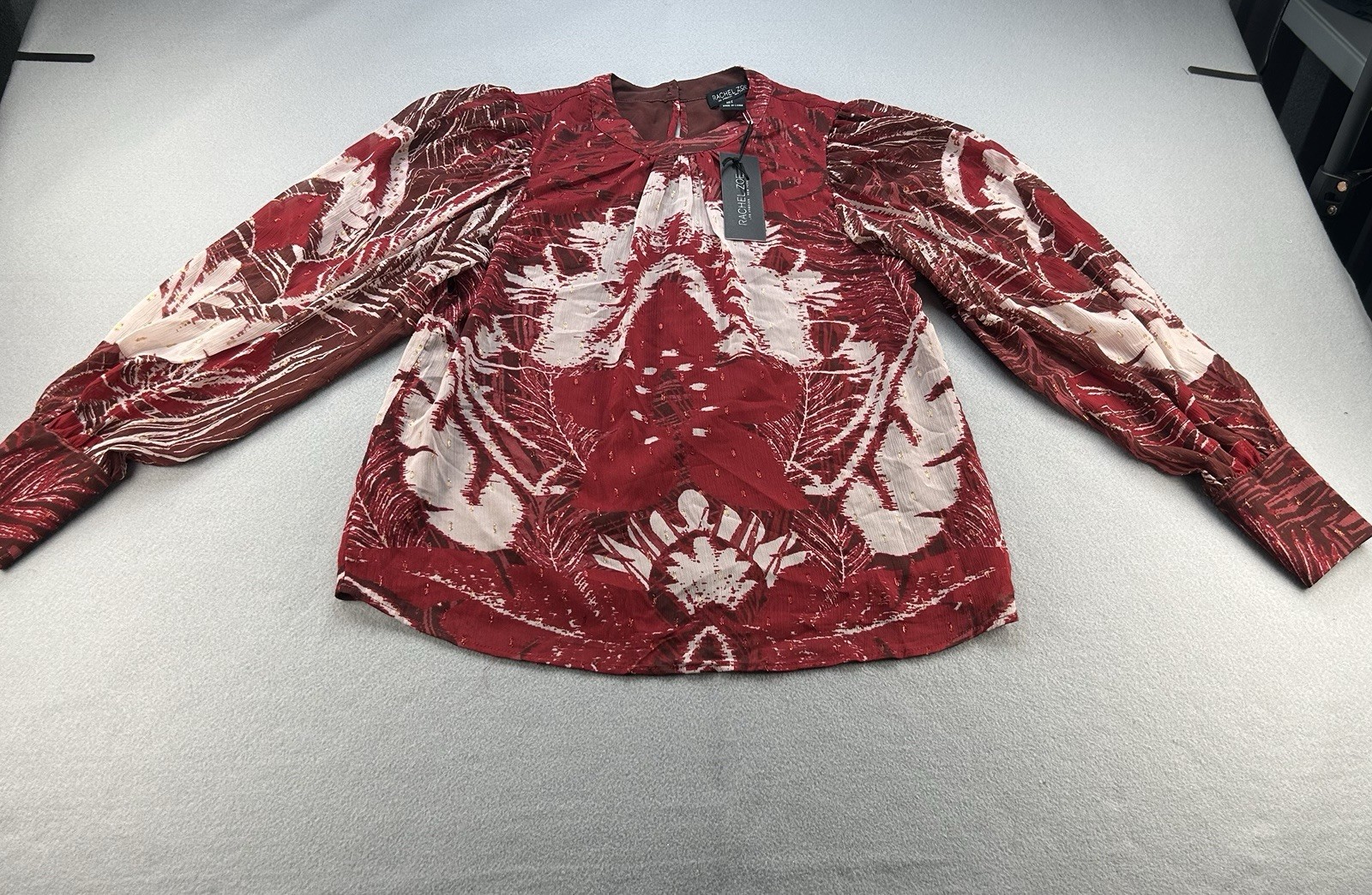Rachel Zoe Blouse Red White Floral Small Polyester Metallic NWT
