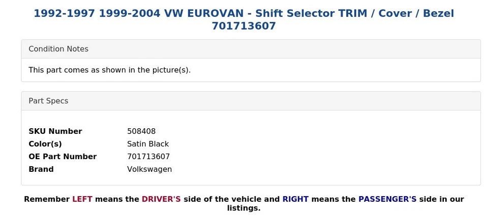 1992-1997 1999-2004 VW EUROVAN - Seletor de câmbio APARADO / Capa / Moldura 701713607 - Imagem 3 de 4