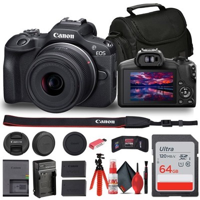 Canon EOS R100 Mirrorless Camera w/ 18-45mm Lens, Bag, 64GB Card, Battery + More