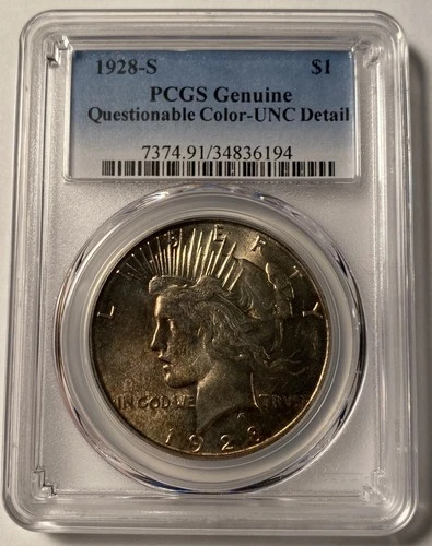 1928-S Peace Silver Dollar PCGS MS UNC Details Questionable Color