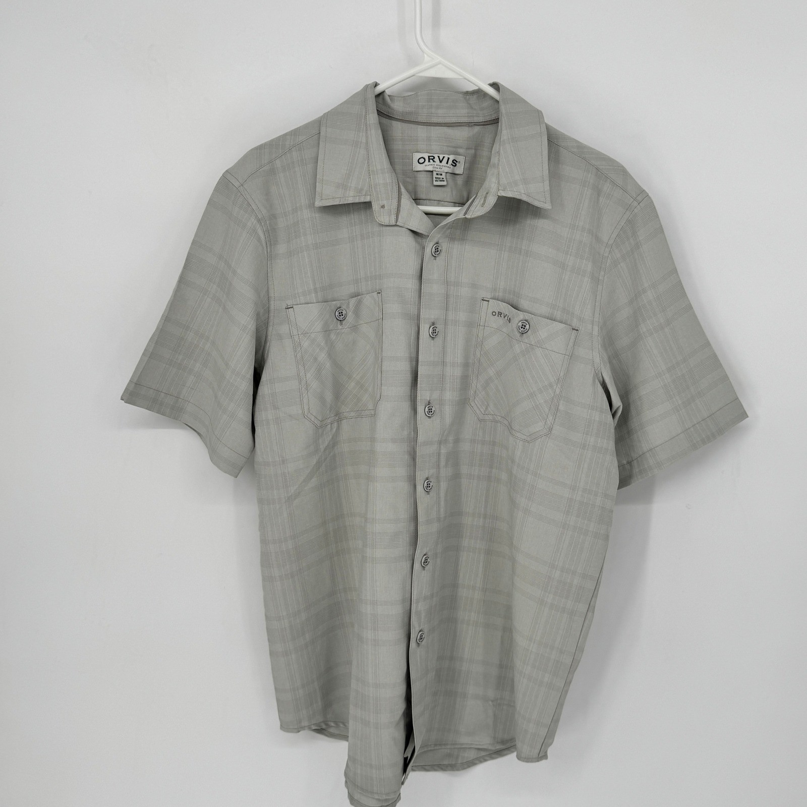 Orvis Mens Grey Plaid Short Sleeve Button Down Shirt Classic Collection Medium
