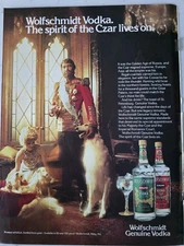 1980 Wolfschmidt Genuine Vodka Russian Dog Spirit Czar lives on vintage ad