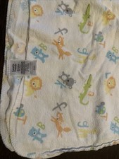 Luvable Friends Stripes Baby Receiving Blanket White Blue Green Letters Animals
