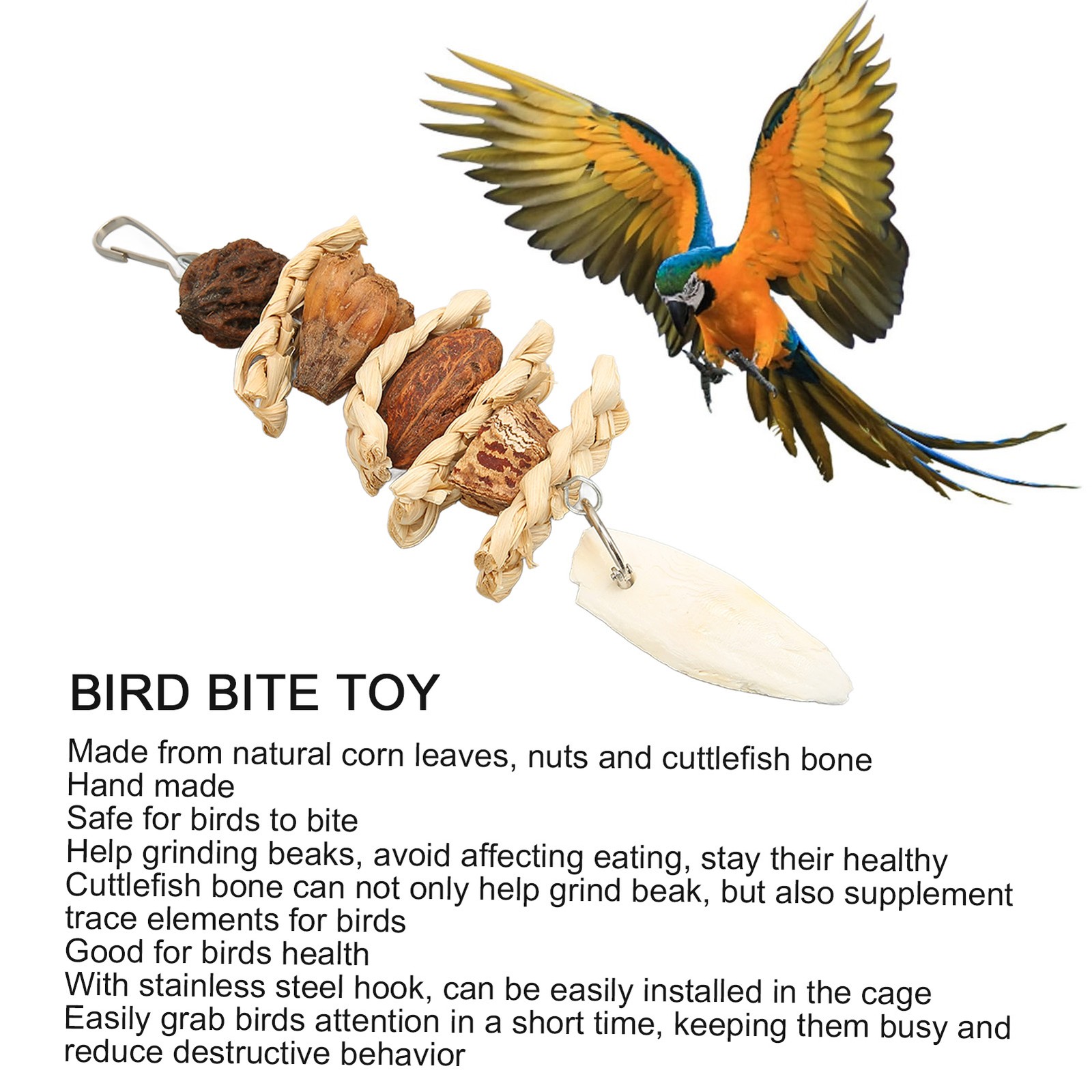 Bird Chew Toy Hand Made Corn Leaves Nuts Cuttlefish Bone Hanging Bite Toy
