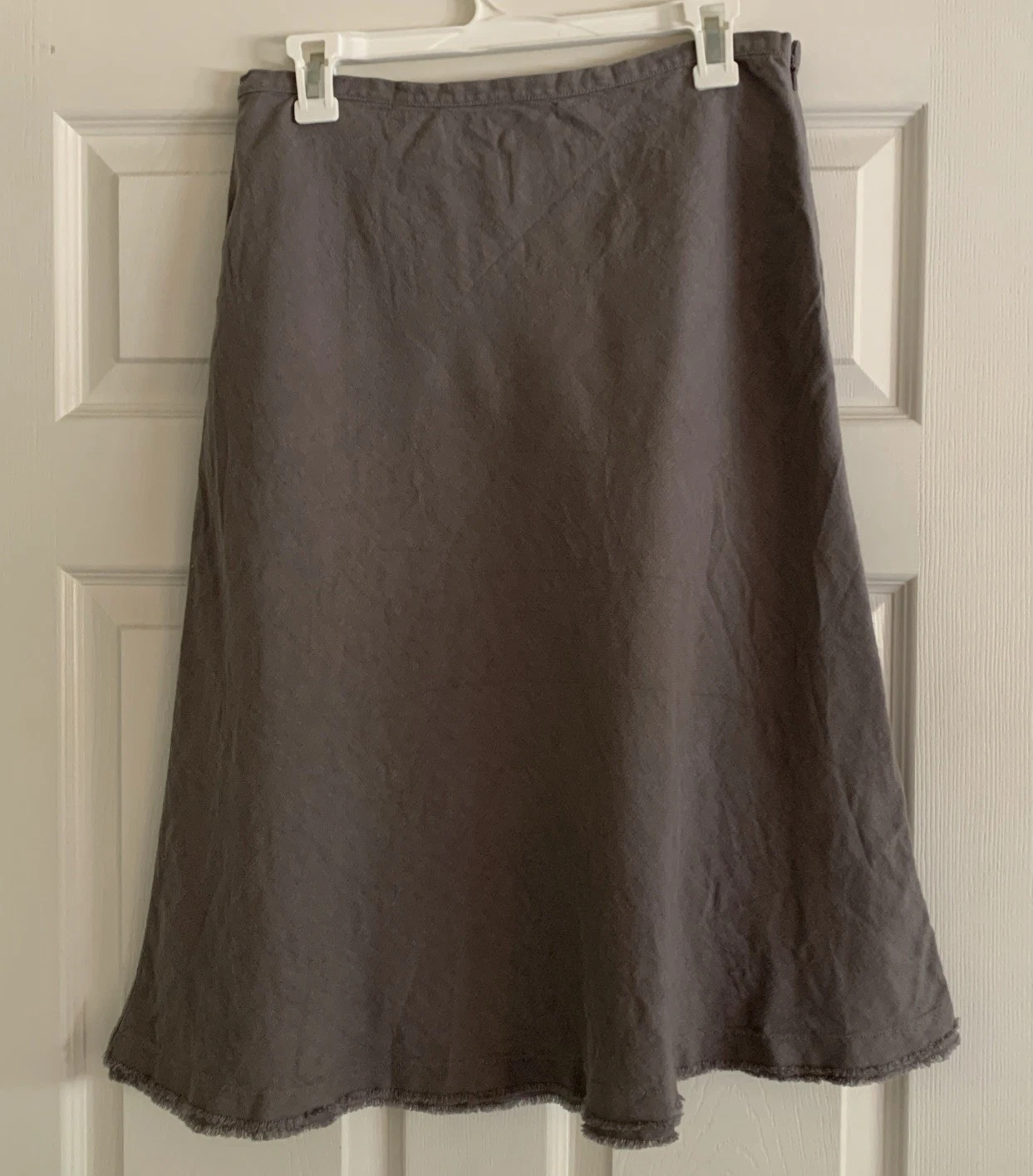 Eileen Fisher Grey 100% Linen A-Line Calf Length Frayed Hem Skirt Small