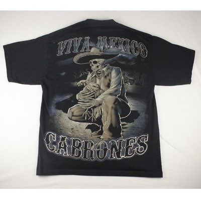 Viva Mexico Cabrones Skull T Shirt XL Black Double Sided Skeleton Biker Tee