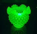 Vintage Uranium Fenton Lime Green Opalescent Hobnail Ruffle Glass Vase 4.5" Tall
