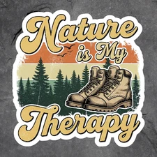Hiking sticker vinyl decal nature is my therapy boots forest trees sunset