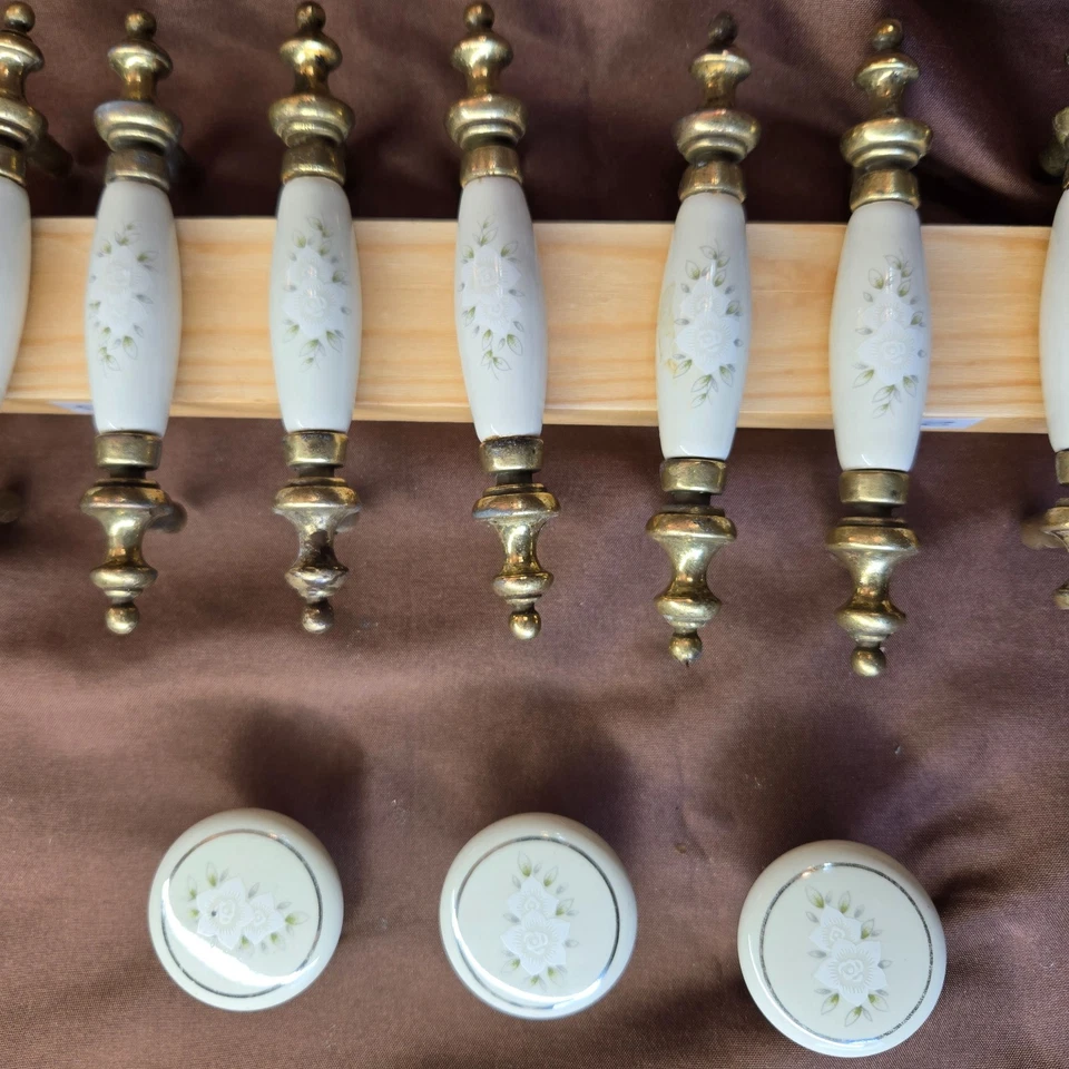 Vintage Floral Porcelain And Brass Drawer Pulls Set Of 12 4.75"-3" Center - Image 2 of 4