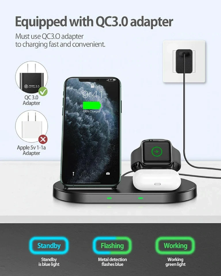 3 in 1 caricatore veloce QI Wireless docking station iPhone Android auricolari - Image 4 of 4